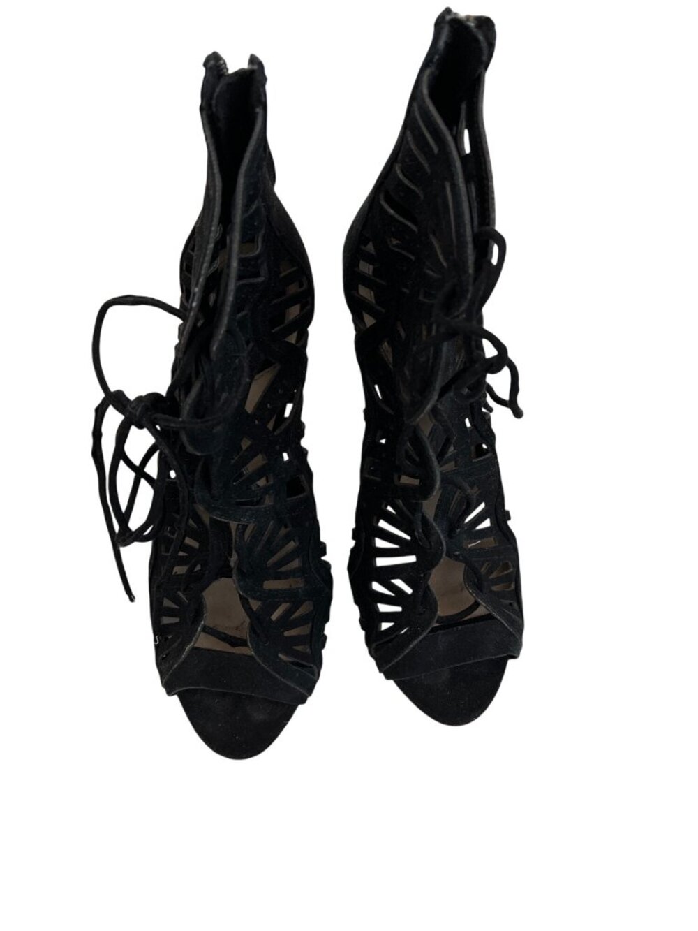 Zara Black Suede Lace-Up Peep Toe Caged Heels With Zipper Back